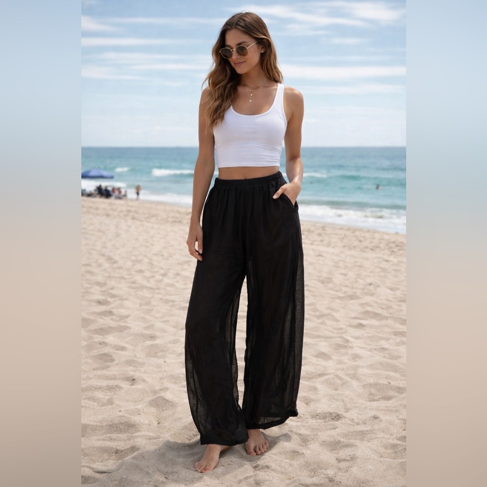 Lola Wide Leg Bohemian Black Flowy Silk‎ Pants Size Large NWT